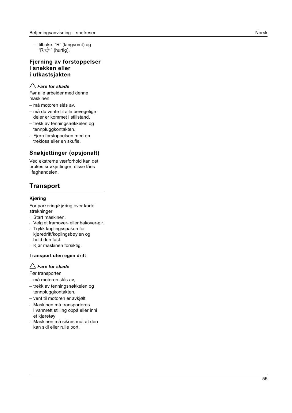 Transport, Snøkjettinger (opsjonalt) | Karcher STH 8-66 User Manual | Page 55 / 149