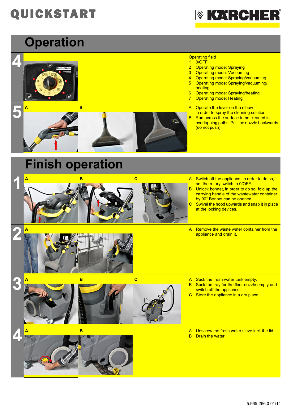 Quickstart, Finish operation, Operation | Karcher PUZZI 30-4 User Manual | Page 2 / 2