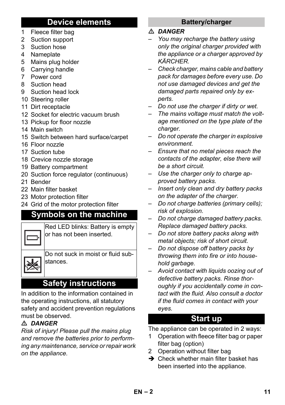 Device elements, Symbols on the machine, Safety instructions | Battery/charger, Start up, Device elements symbols on the machine | Karcher T 9-1 Bp User Manual | Page 11 / 180