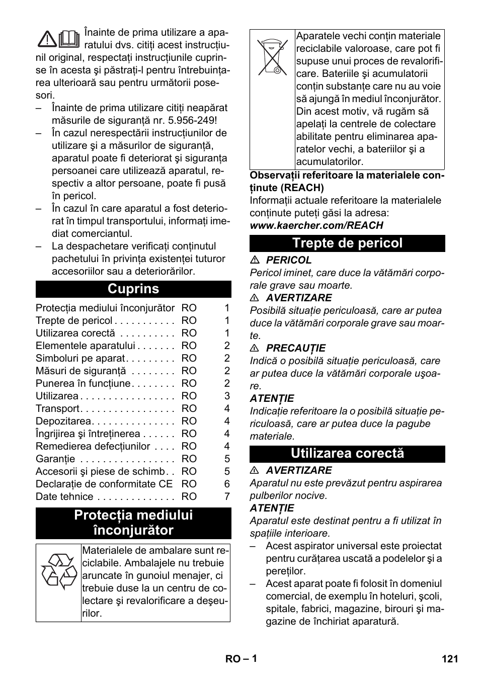 Româneşte, Cuprins, Protecţia mediului înconjurător | Trepte de pericol, Utilizarea corectă, Trepte de pericol utilizarea corectă | Karcher T 9-1 Bp User Manual | Page 121 / 180