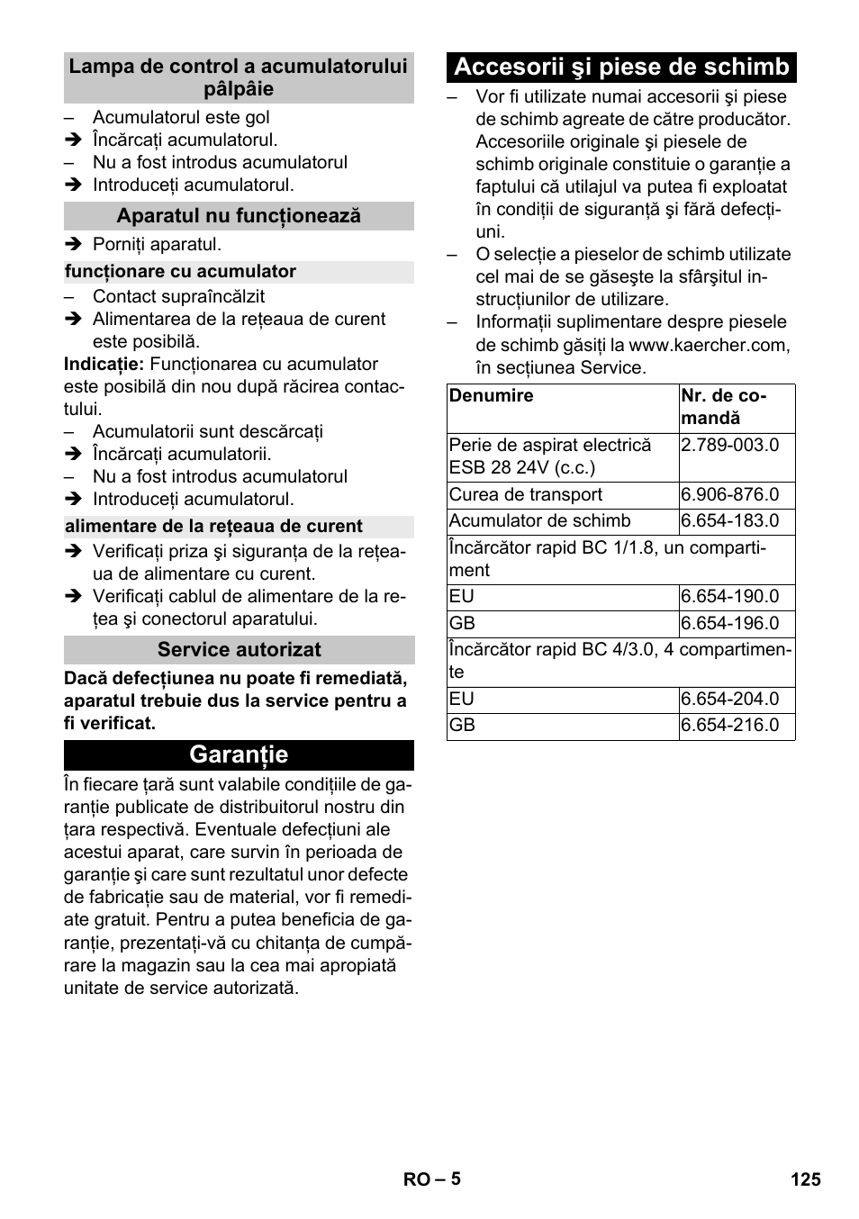 Lampa de control a acumulatorului pâlpâie, Aparatul nu funcţionează, Funcţionare cu acumulator | Alimentare de la reţeaua de curent, Service autorizat, Garanţie, Accesorii şi piese de schimb, Garanţie accesorii şi piese de schimb | Karcher T 9-1 Bp User Manual | Page 125 / 180