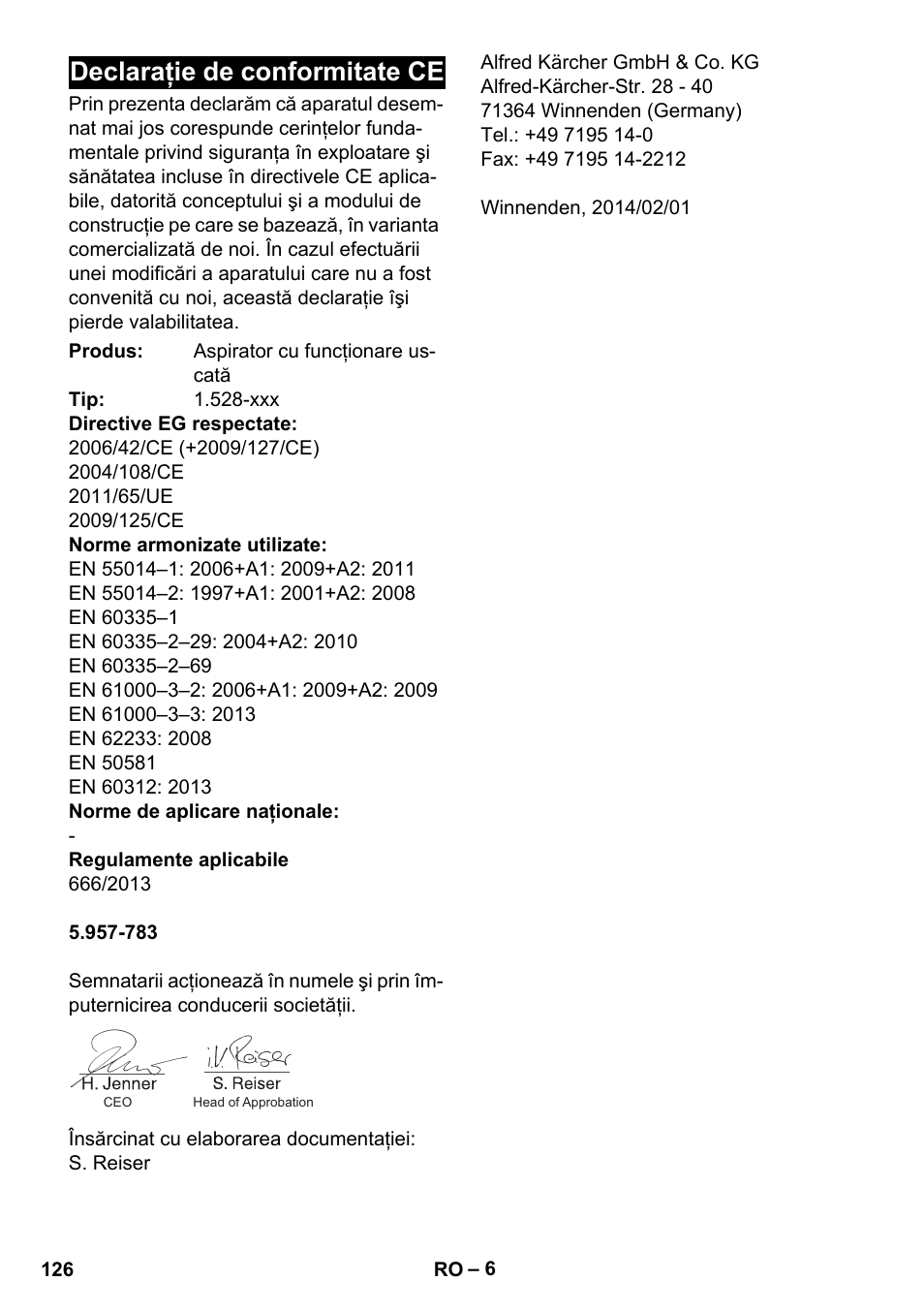 Declaraţie de conformitate ce | Karcher T 9-1 Bp User Manual | Page 126 / 180