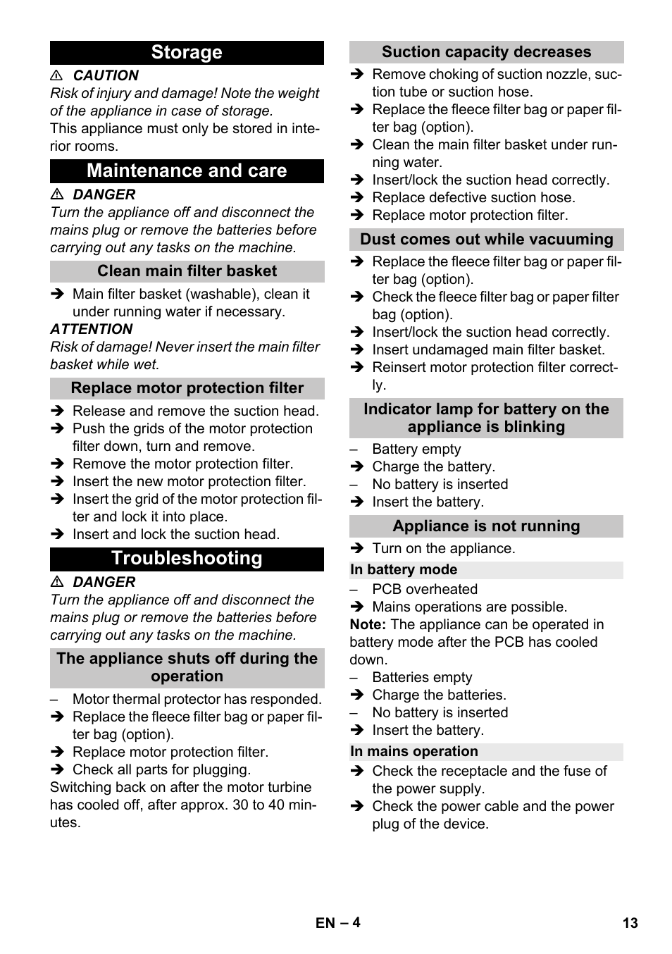 Storage, Maintenance and care, Clean main filter basket | Replace motor protection filter, Troubleshooting, The appliance shuts off during the operation, Suction capacity decreases, Dust comes out while vacuuming, Appliance is not running, In battery mode | Karcher T 9-1 Bp User Manual | Page 13 / 180