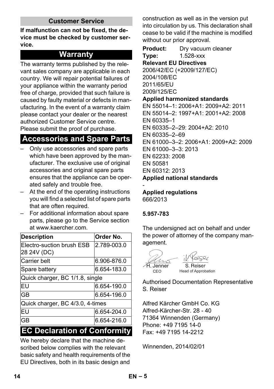 Customer service, Warranty, Accessories and spare parts | Ec declaration of conformity, Warranty accessories and spare parts | Karcher T 9-1 Bp User Manual | Page 14 / 180