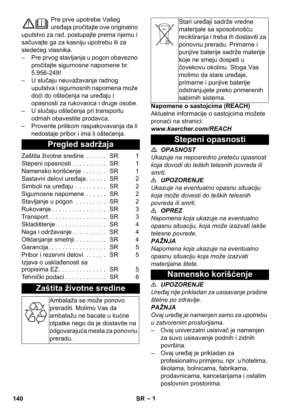 Srpski, Pregled sadržaja, Zaštita životne sredine | Stepeni opasnosti, Namensko korišćenje, Stepeni opasnosti namensko korišćenje | Karcher T 9-1 Bp User Manual | Page 140 / 180