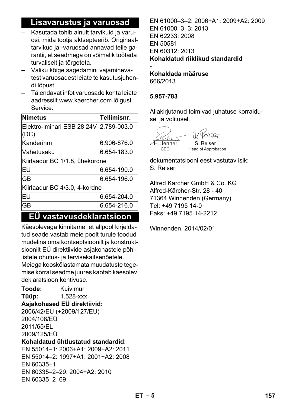 Lisavarustus ja varuosad, Eü vastavusdeklaratsioon | Karcher T 9-1 Bp User Manual | Page 157 / 180