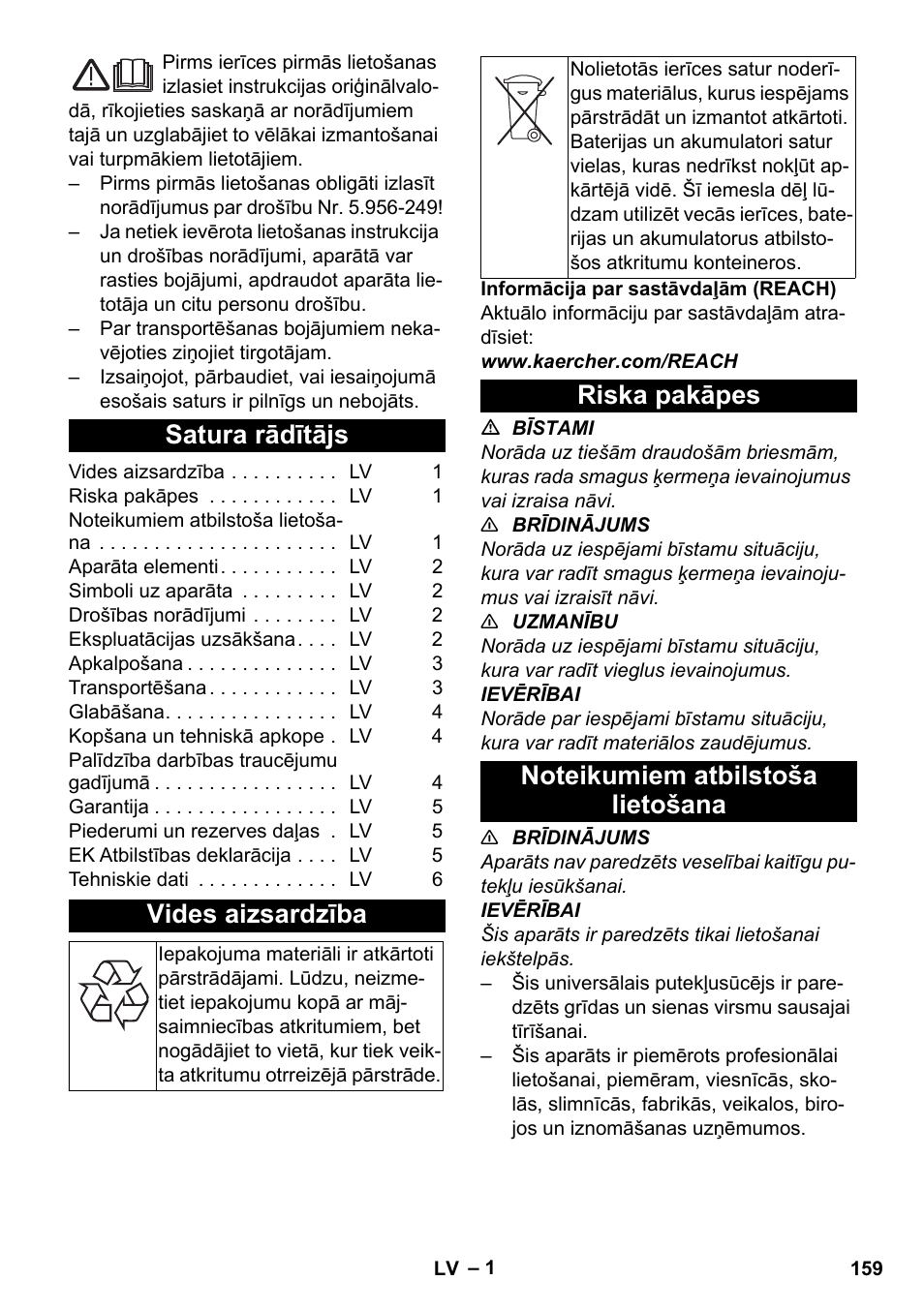 Latviešu, Satura rādītājs, Vides aizsardzība | Riska pakāpes, Noteikumiem atbilstoša lietošana | Karcher T 9-1 Bp User Manual | Page 159 / 180