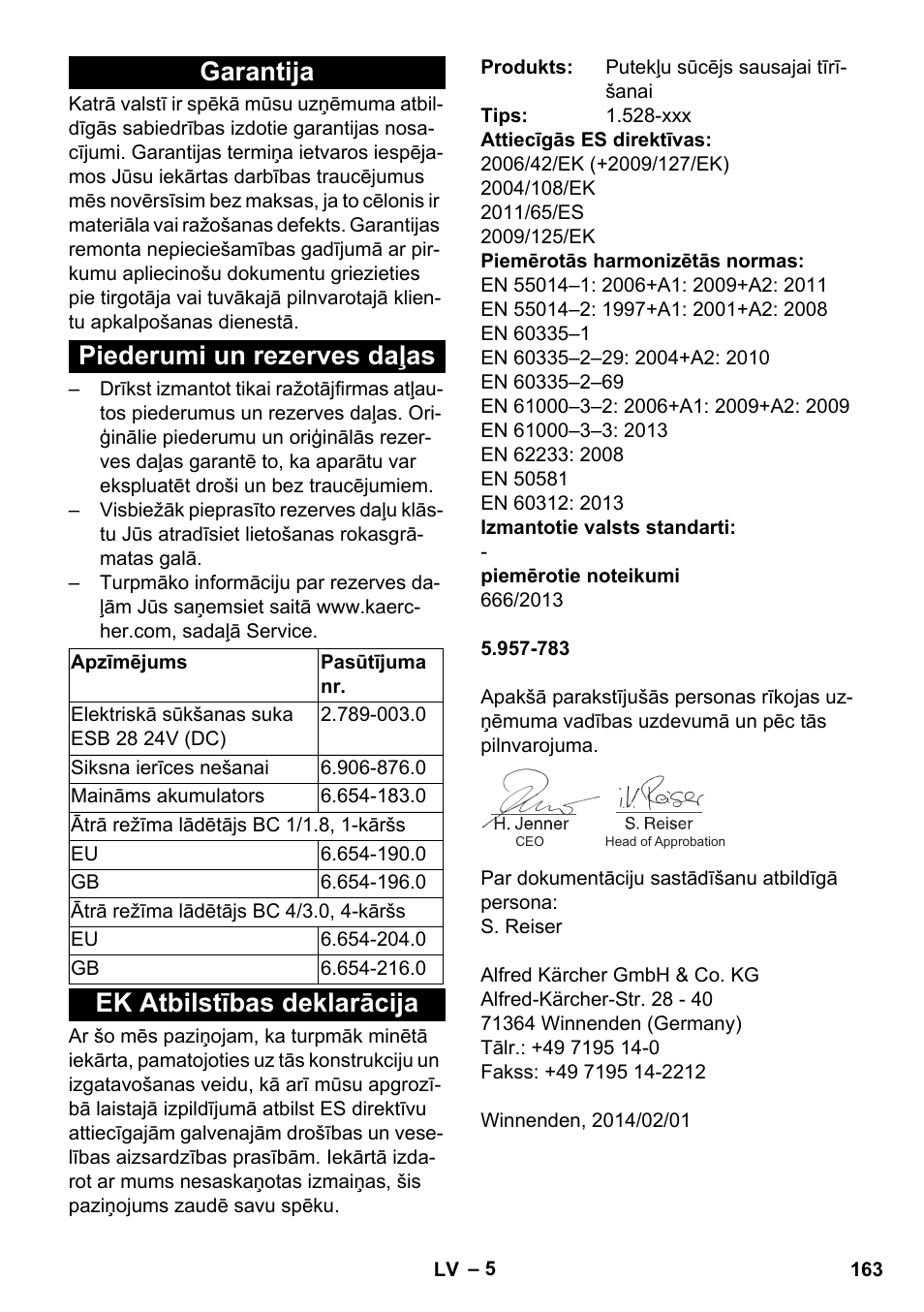 Garantija, Piederumi un rezerves daļas, Ek atbilstības deklarācija | Garantija piederumi un rezerves daļas | Karcher T 9-1 Bp User Manual | Page 163 / 180