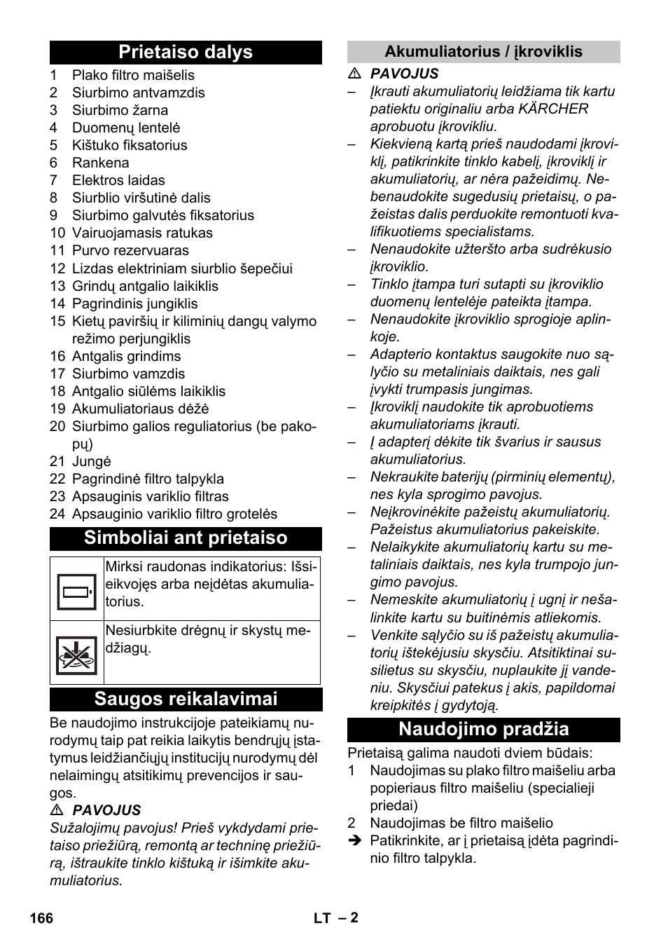 Prietaiso dalys, Simboliai ant prietaiso, Saugos reikalavimai | Akumuliatorius / įkroviklis, Naudojimo pradžia, Prietaiso dalys simboliai ant prietaiso | Karcher T 9-1 Bp User Manual | Page 166 / 180