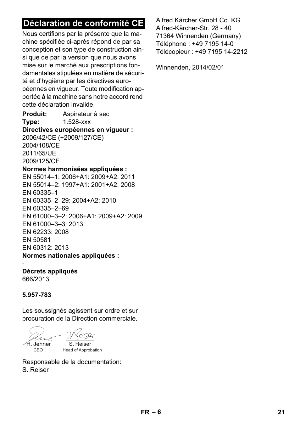 Déclaration de conformité ce | Karcher T 9-1 Bp User Manual | Page 21 / 180