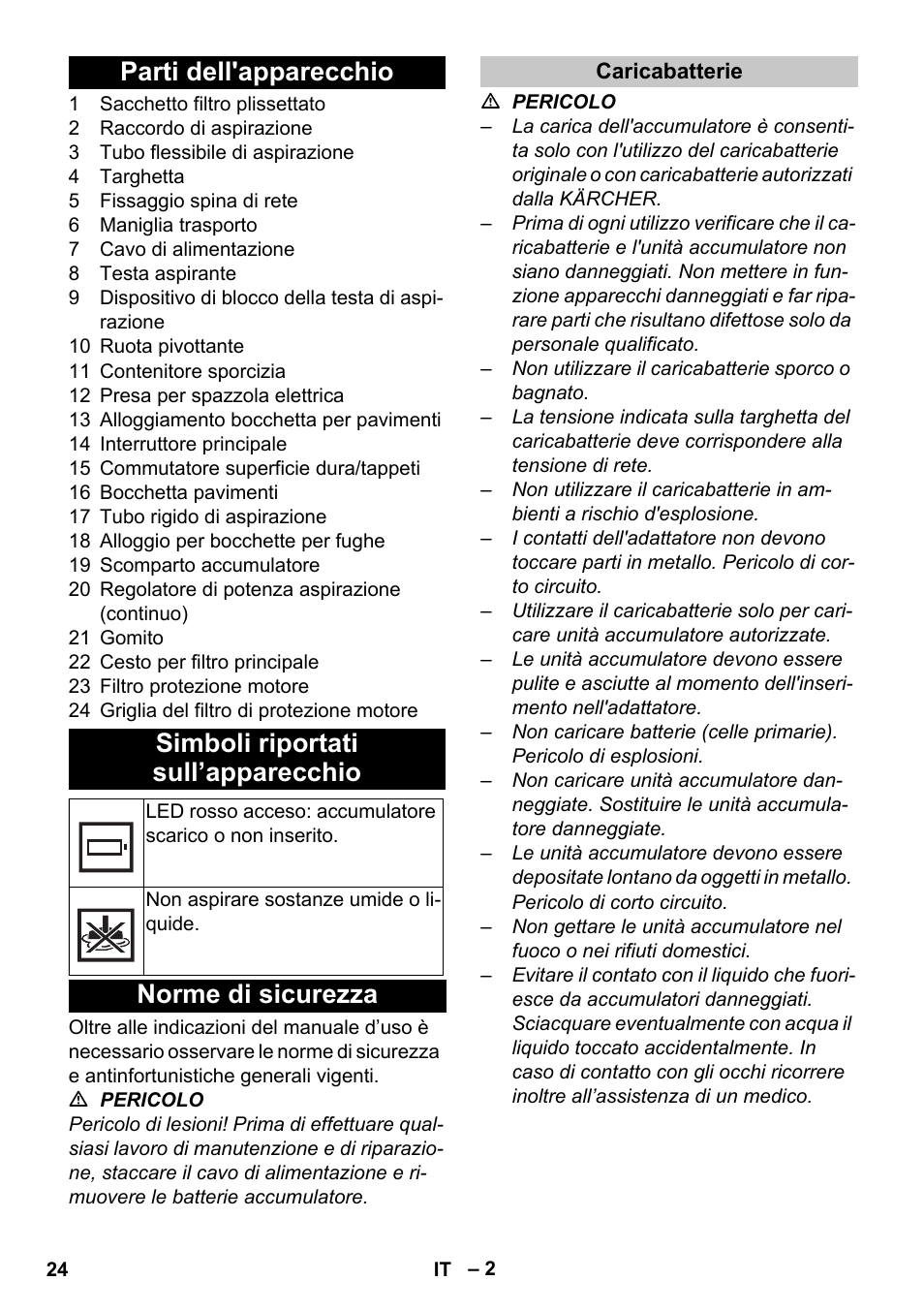 Parti dell'apparecchio, Simboli riportati sull’apparecchio, Norme di sicurezza | Caricabatterie | Karcher T 9-1 Bp User Manual | Page 24 / 180