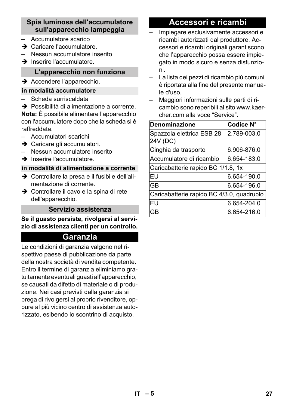 L'apparecchio non funziona, In modalità accumulatore, In modalità di alimentazione a corrente | Servizio assistenza, Garanzia, Accessori e ricambi, Garanzia accessori e ricambi | Karcher T 9-1 Bp User Manual | Page 27 / 180