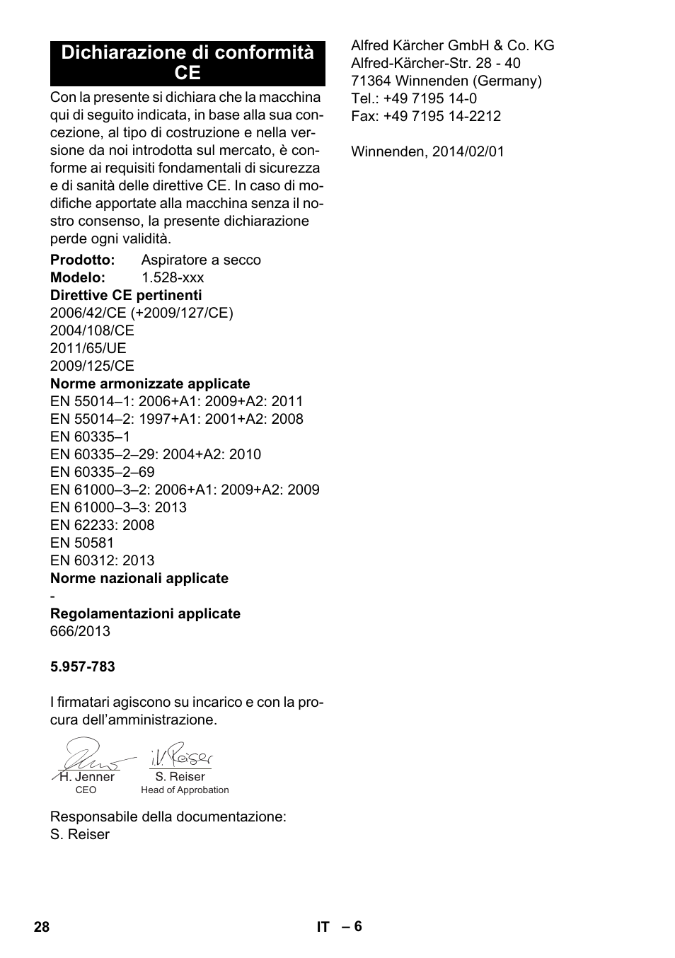 Dichiarazione di conformità ce | Karcher T 9-1 Bp User Manual | Page 28 / 180