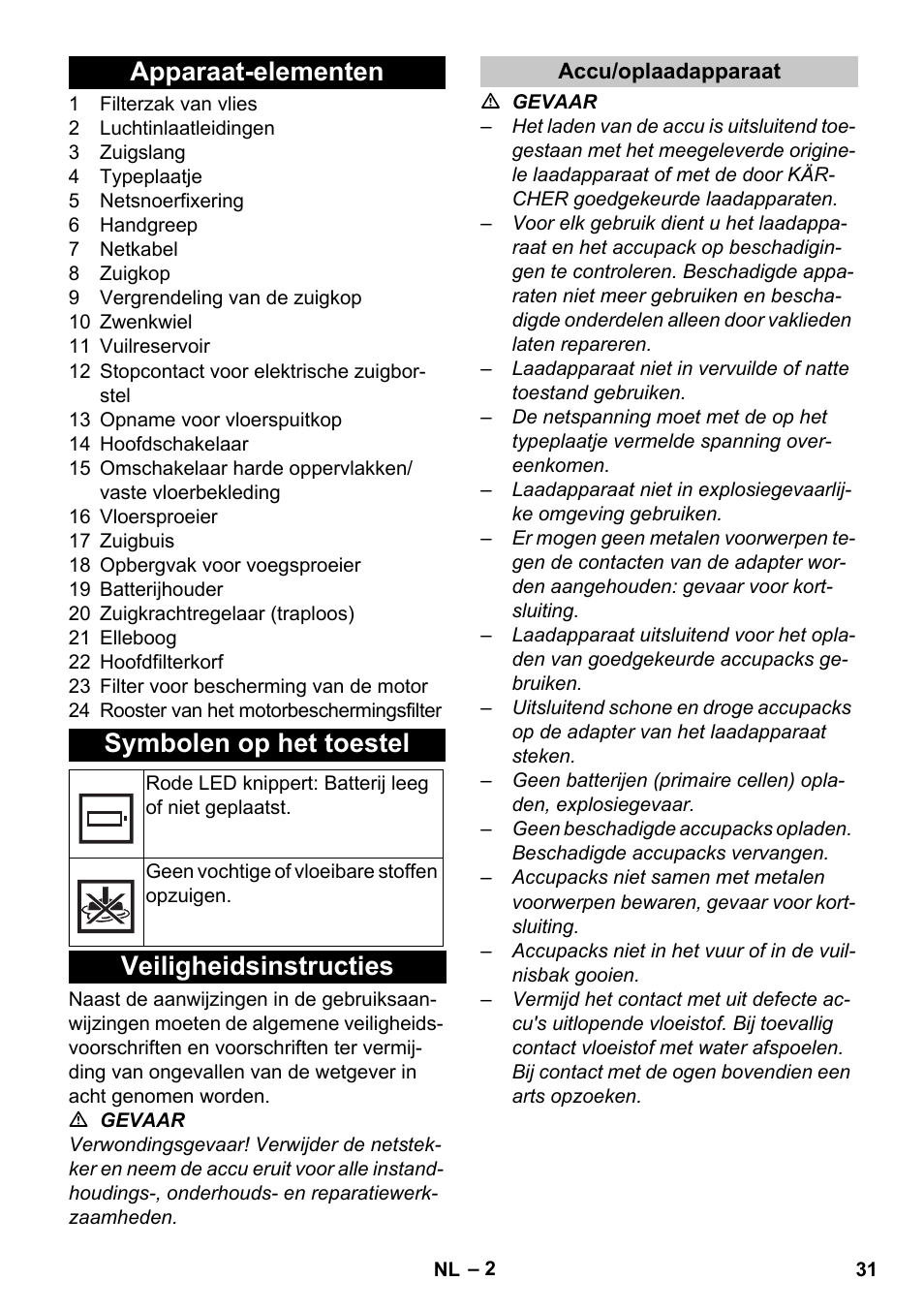 Apparaat-elementen, Symbolen op het toestel, Veiligheidsinstructies | Accu/oplaadapparaat, Apparaat-elementen symbolen op het toestel | Karcher T 9-1 Bp User Manual | Page 31 / 180