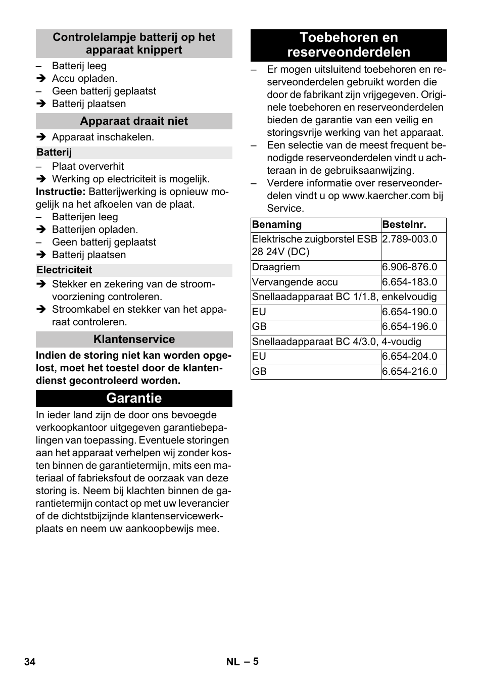 Controlelampje batterij op het apparaat knippert, Apparaat draait niet, Batterij | Electriciteit, Klantenservice, Garantie, Toebehoren en reserveonderdelen, Garantie toebehoren en reserveonderdelen | Karcher T 9-1 Bp User Manual | Page 34 / 180