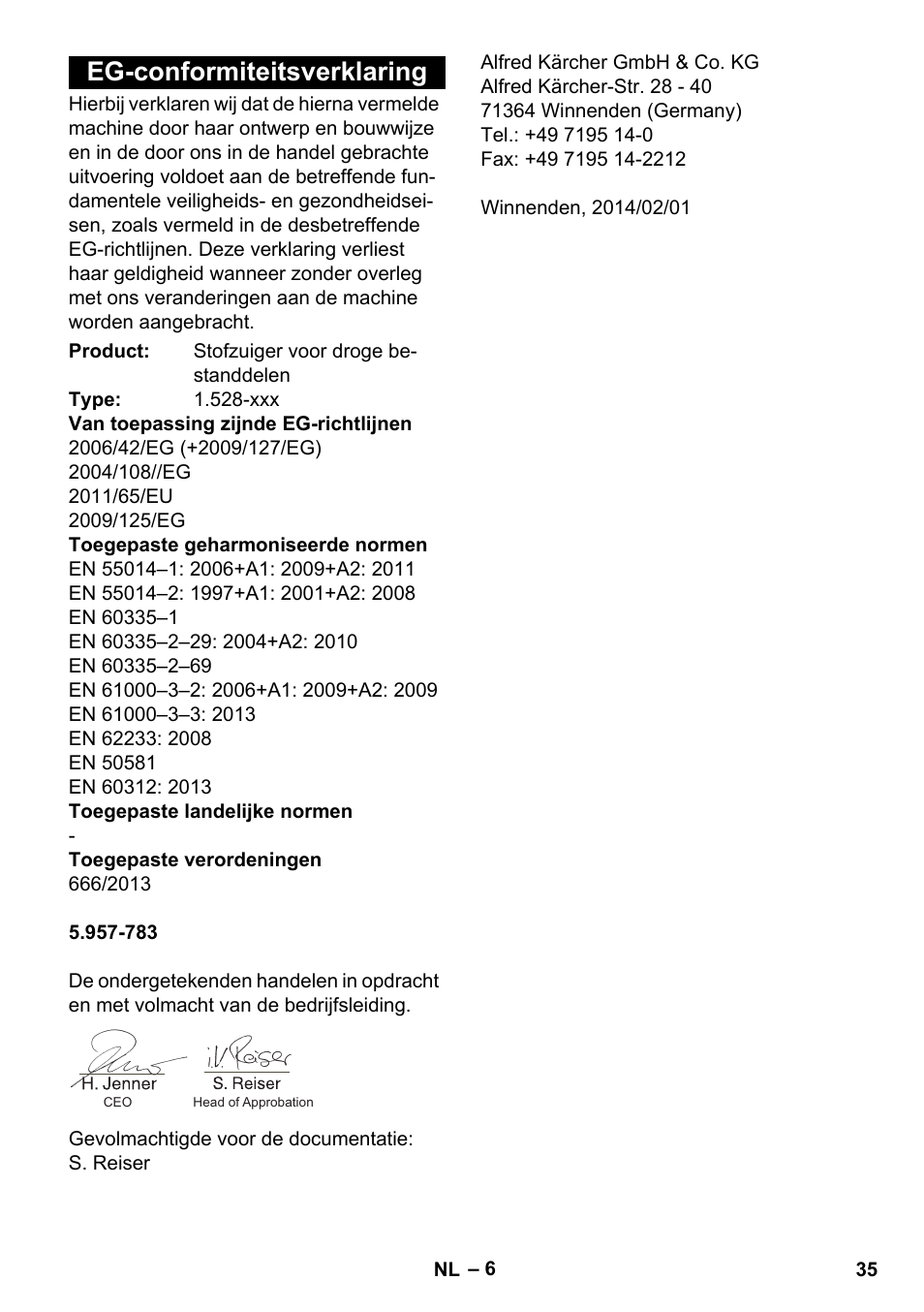 Eg-conformiteitsverklaring | Karcher T 9-1 Bp User Manual | Page 35 / 180