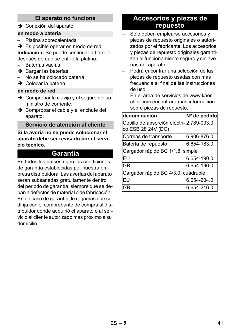 El aparato no funciona, En modo a batería, En modo de red | Servicio de atención al cliente, Garantía, Accesorios y piezas de repuesto, Garantía accesorios y piezas de repuesto | Karcher T 9-1 Bp User Manual | Page 41 / 180