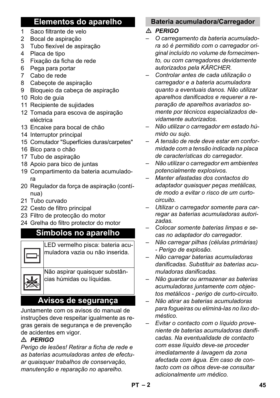 Elementos do aparelho, Símbolos no aparelho, Avisos de segurança | Bateria acumuladora/carregador, Elementos do aparelho símbolos no aparelho | Karcher T 9-1 Bp User Manual | Page 45 / 180