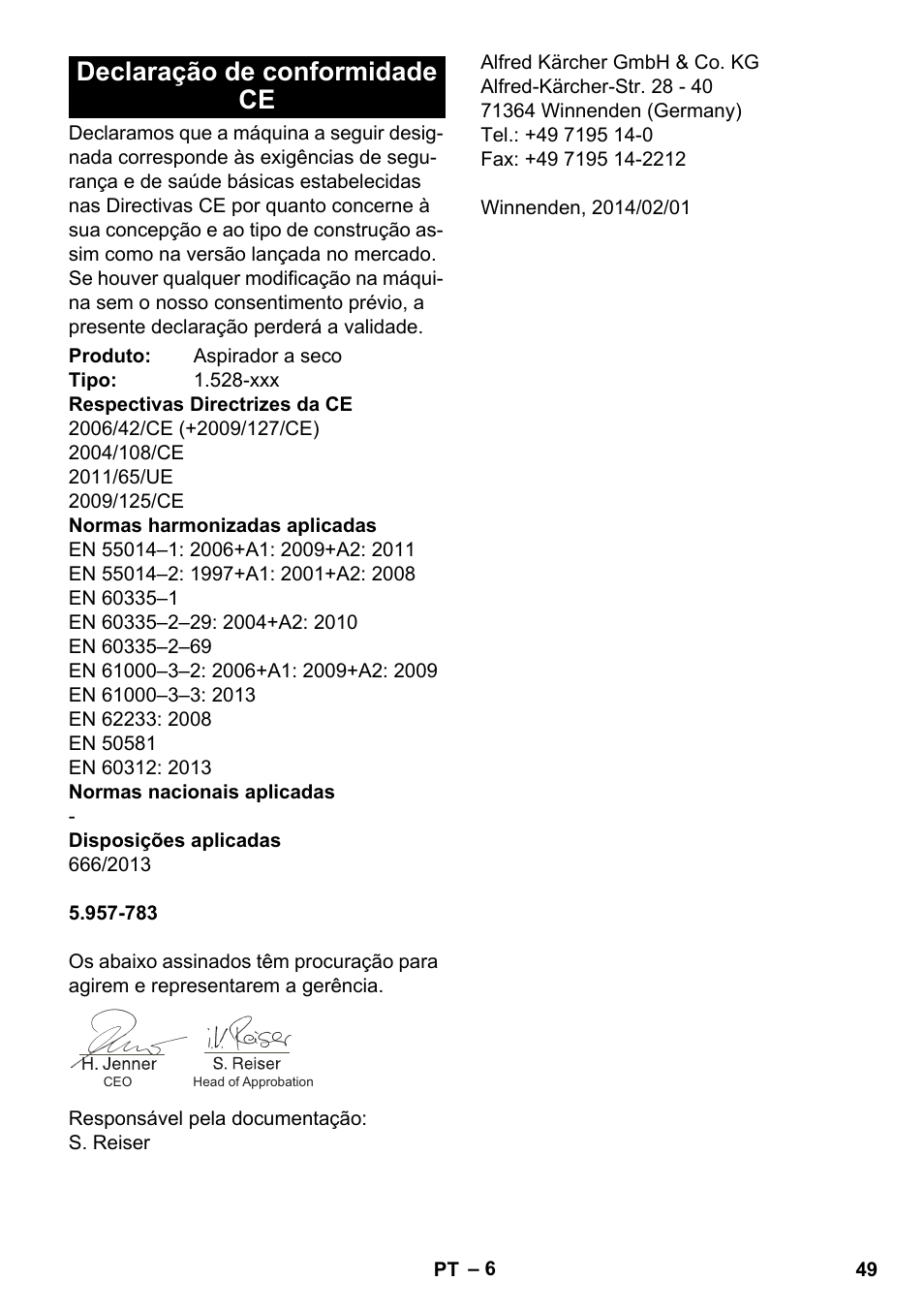 Declaração de conformidade ce | Karcher T 9-1 Bp User Manual | Page 49 / 180