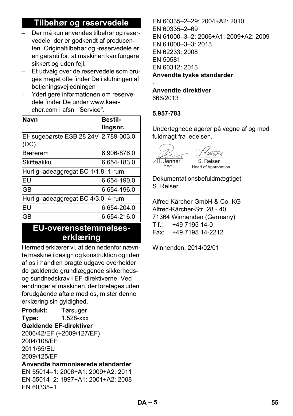 Tilbehør og reservedele, Eu-overensstemmelses- erklæring | Karcher T 9-1 Bp User Manual | Page 55 / 180