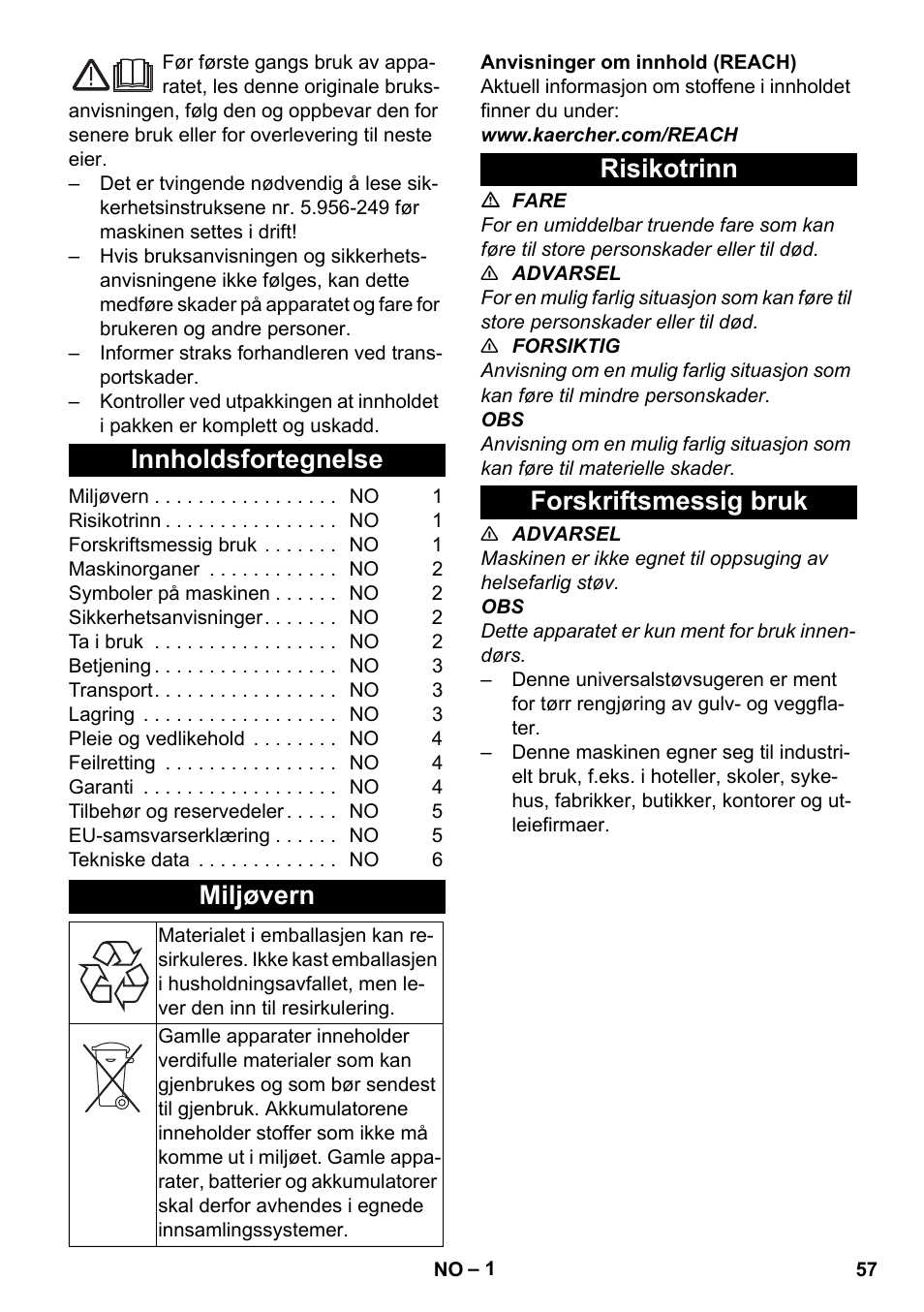 Norsk, Innholdsfortegnelse, Miljøvern | Risikotrinn, Forskriftsmessig bruk, Risikotrinn forskriftsmessig bruk | Karcher T 9-1 Bp User Manual | Page 57 / 180