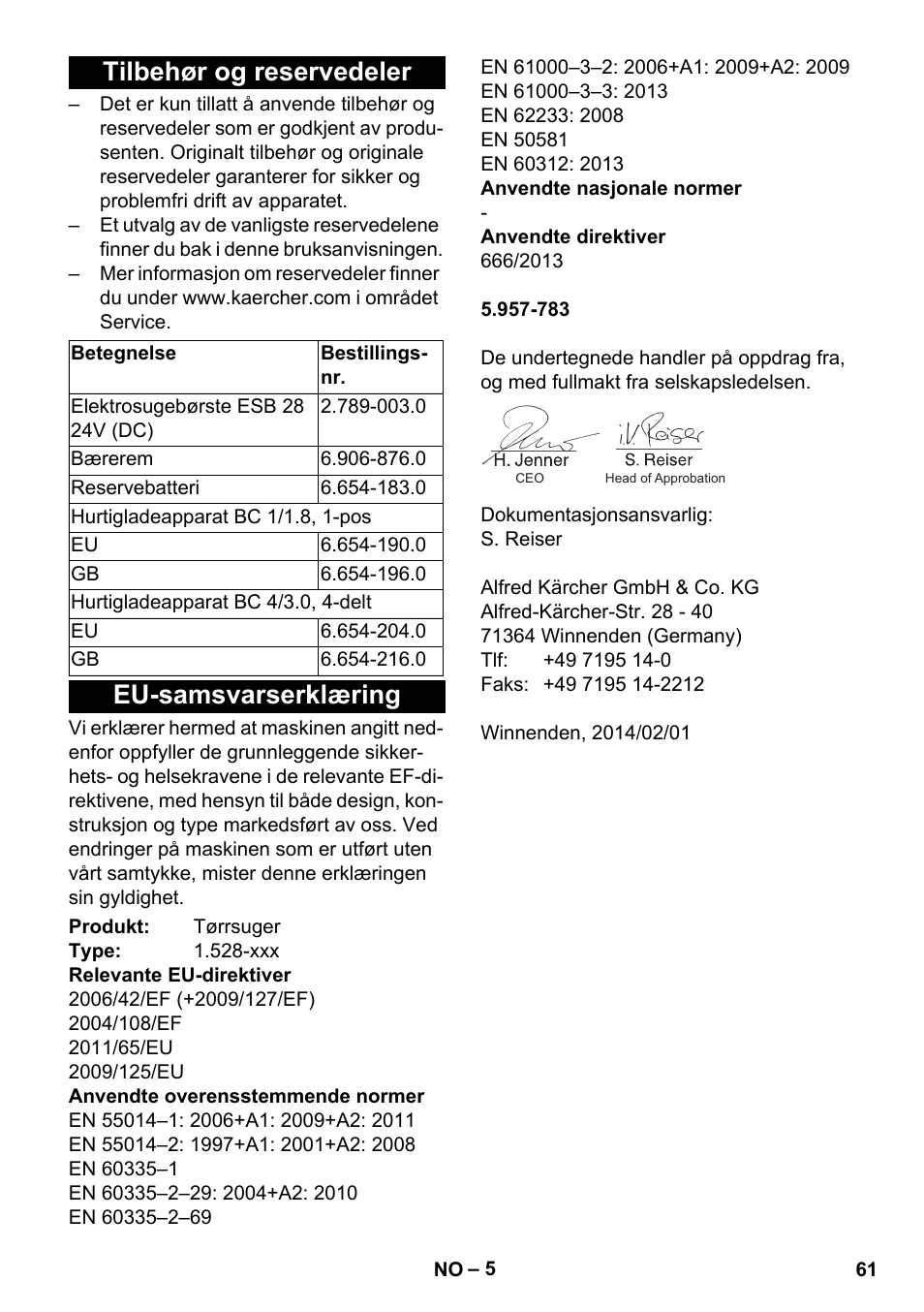 Tilbehør og reservedeler, Eu-samsvarserklæring | Karcher T 9-1 Bp User Manual | Page 61 / 180