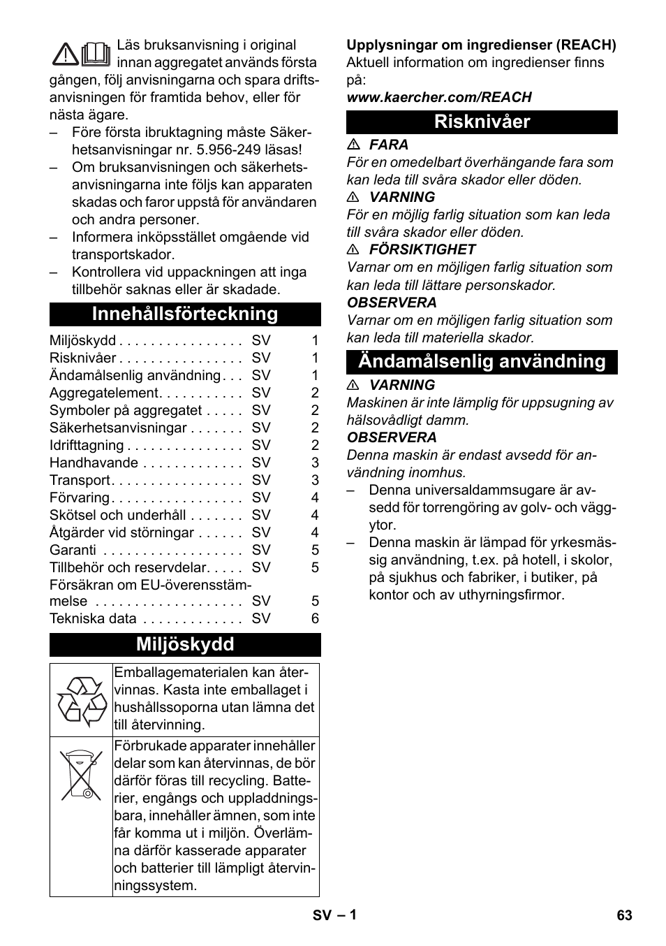 Svenska, Innehållsförteckning, Miljöskydd | Risknivåer, Ändamålsenlig användning, Risknivåer ändamålsenlig användning | Karcher T 9-1 Bp User Manual | Page 63 / 180