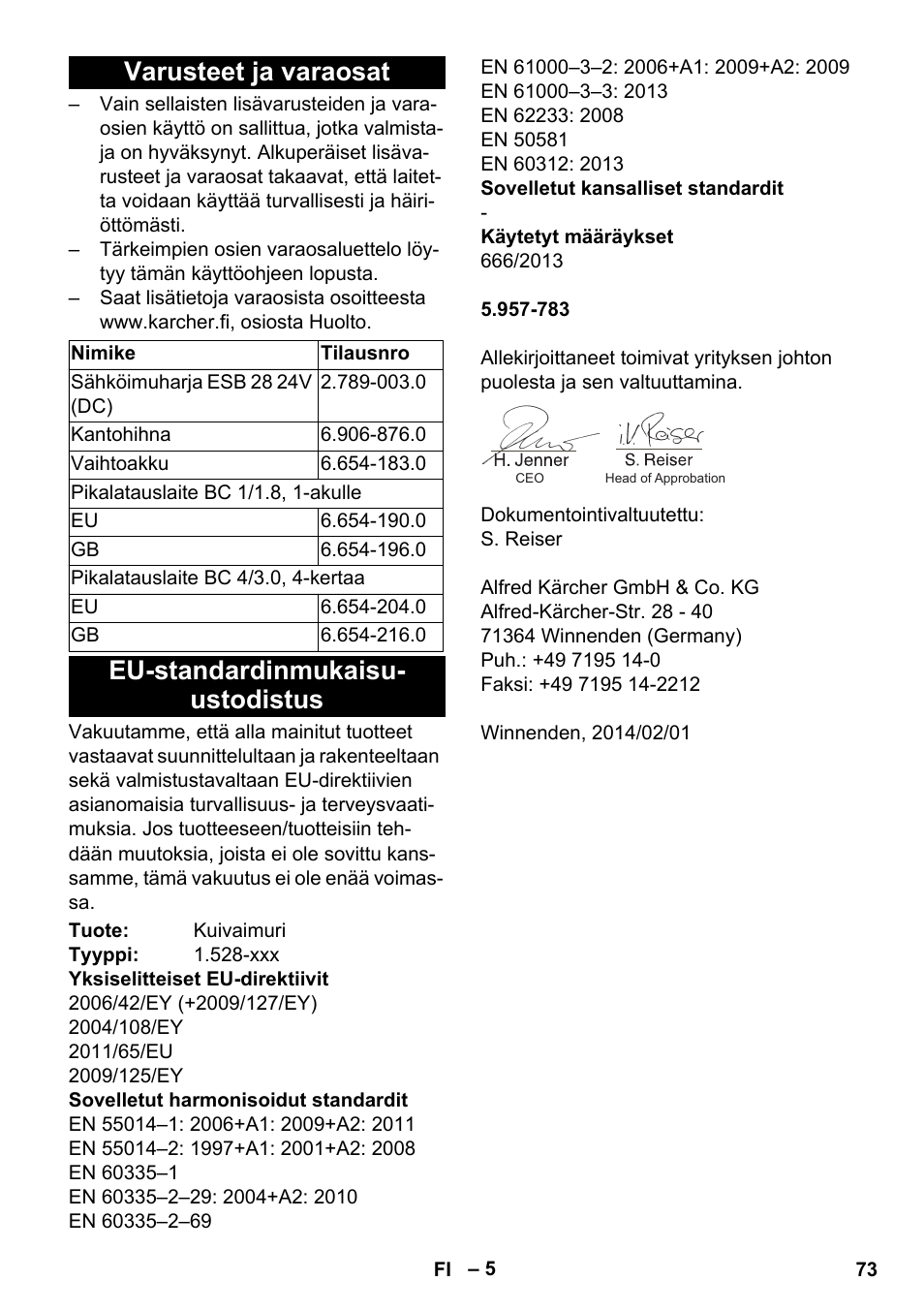 Varusteet ja varaosat, Eu-standardinmukaisu- ustodistus | Karcher T 9-1 Bp User Manual | Page 73 / 180