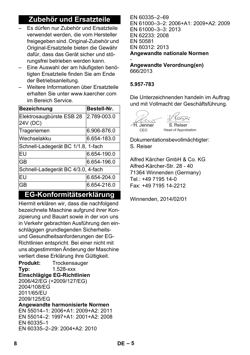 Zubehör und ersatzteile, Eg-konformitätserklärung | Karcher T 9-1 Bp User Manual | Page 8 / 180