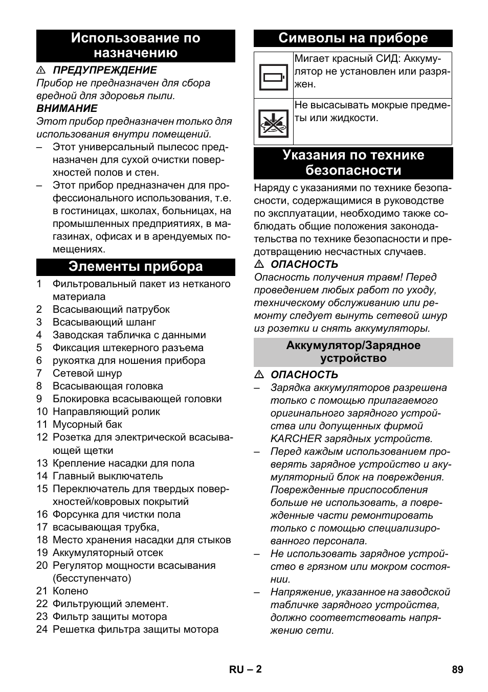 Использование по назначению, Элементы прибора, Символы на приборе | Указания по технике безопасности, Аккумулятор/зарядное устройство | Karcher T 9-1 Bp User Manual | Page 89 / 180