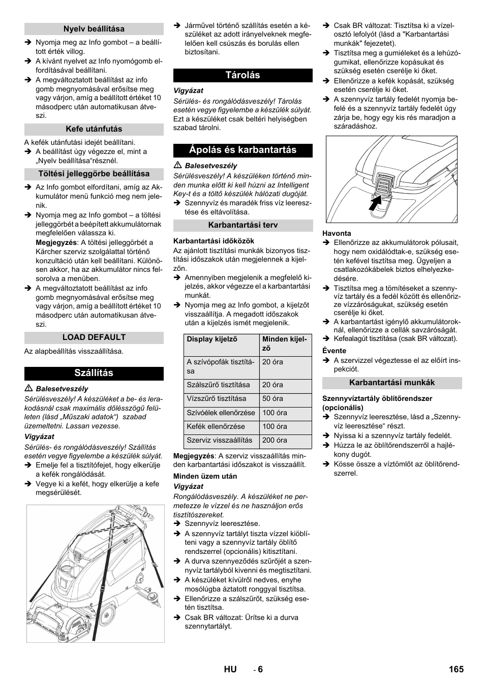 Szállítás tárolás ápolás és karbantartás | Karcher B 60 W User Manual | Page 165 / 312