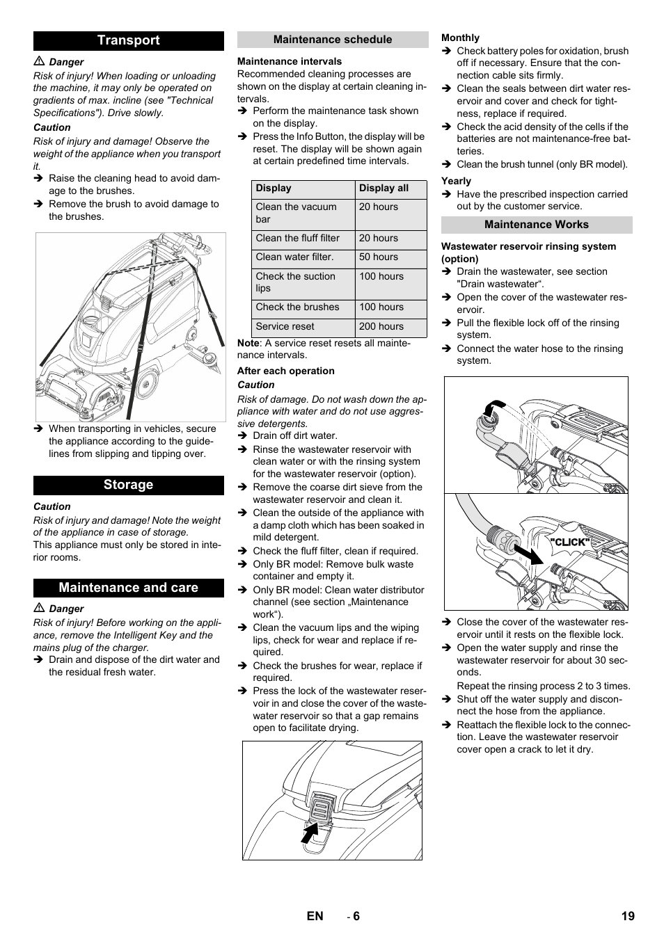 Transport storage maintenance and care | Karcher B 60 W User Manual | Page 19 / 312