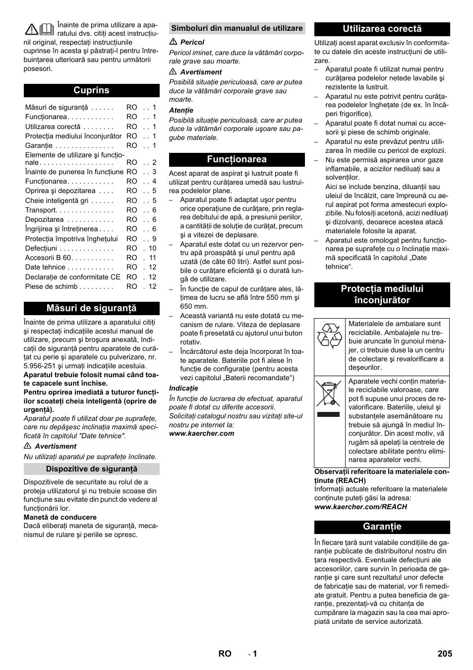 Româneşte, Cuprins, Măsuri de siguranţă | Garanţie | Karcher B 60 W User Manual | Page 205 / 312