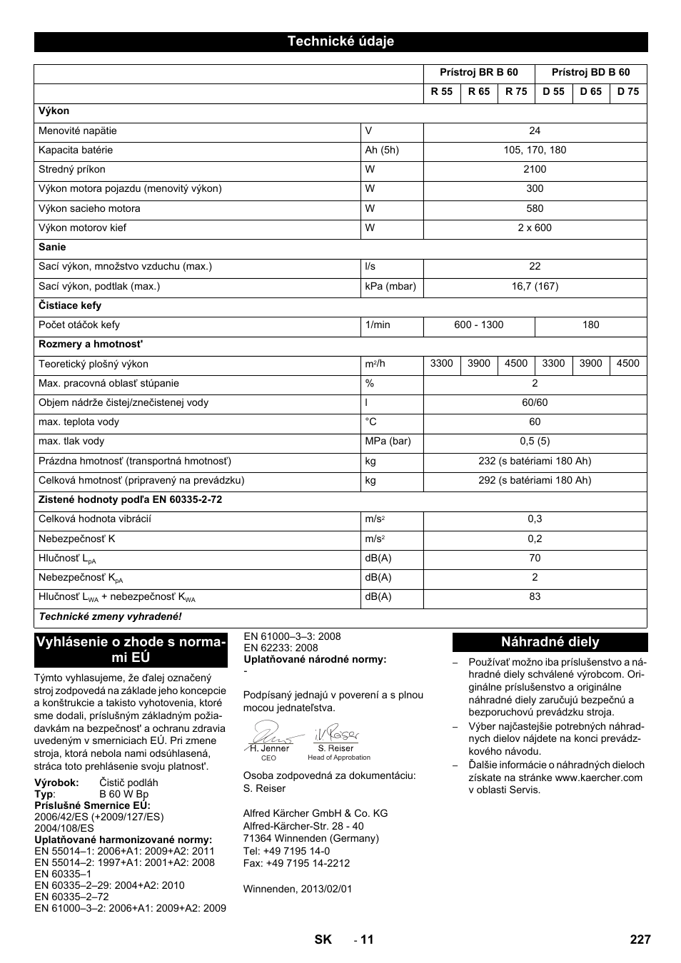 Technické údaje, Vyhlásenie o zhode s norma- mi eú, Náhradné diely | Karcher B 60 W User Manual | Page 227 / 312