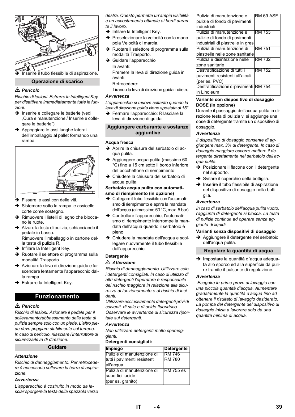 Funzionamento | Karcher B 60 W User Manual | Page 39 / 312
