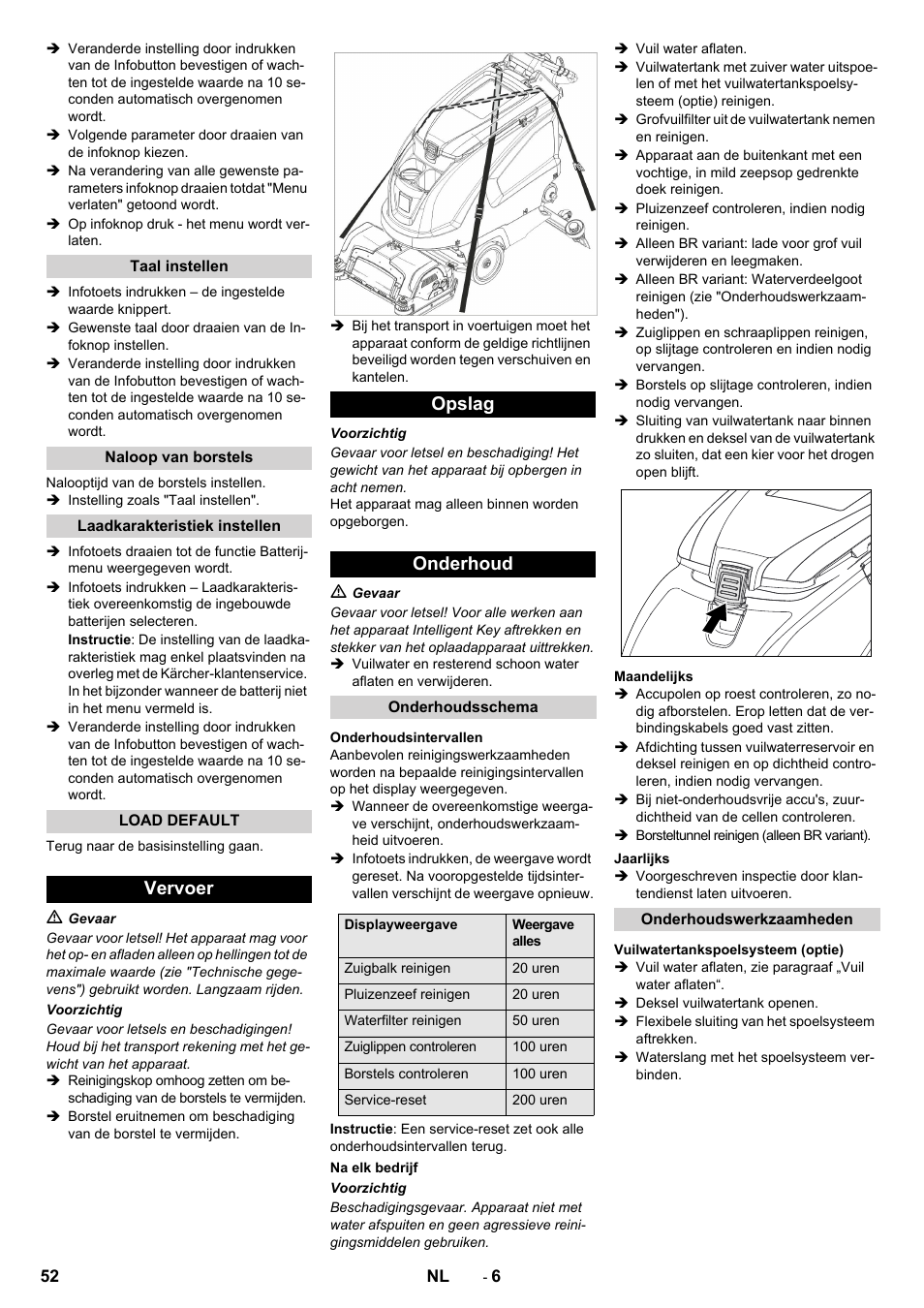 Vervoer opslag onderhoud | Karcher B 60 W User Manual | Page 52 / 312