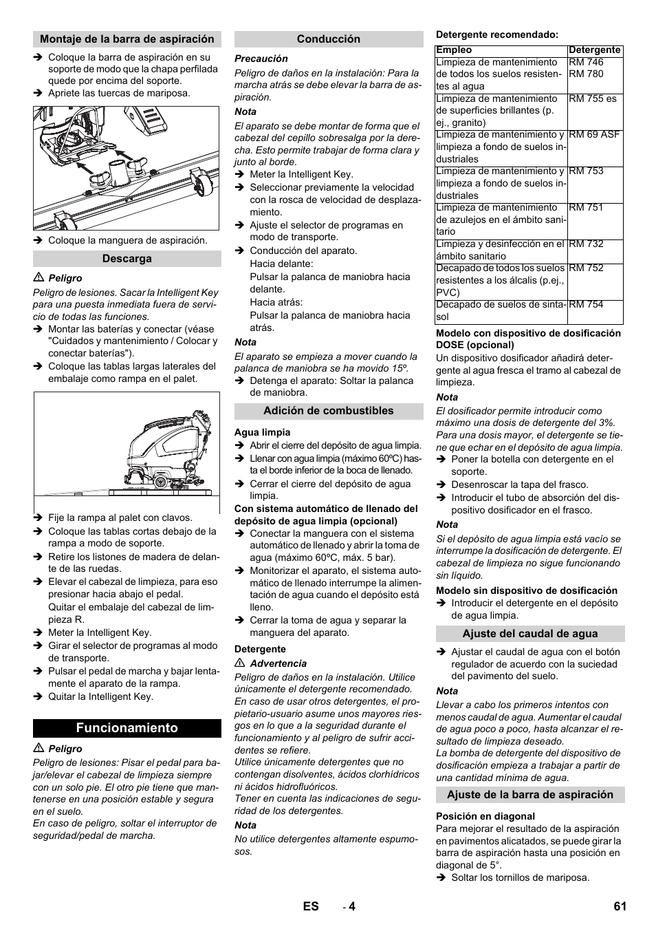 Funcionamiento | Karcher B 60 W User Manual | Page 61 / 312