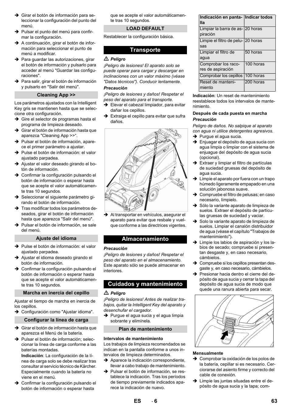 Transporte almacenamiento cuidados y mantenimiento | Karcher B 60 W User Manual | Page 63 / 312