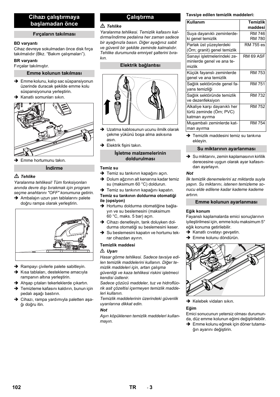 Cihazı çalıştırmaya başlamadan önce, Çalıştırma | Karcher B 60 W User Manual | Page 102 / 228