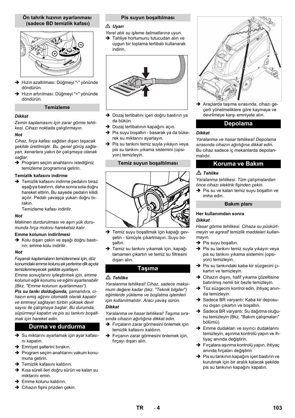 Durma ve durdurma, Taşıma depolama koruma ve bakım | Karcher B 60 W User Manual | Page 103 / 228