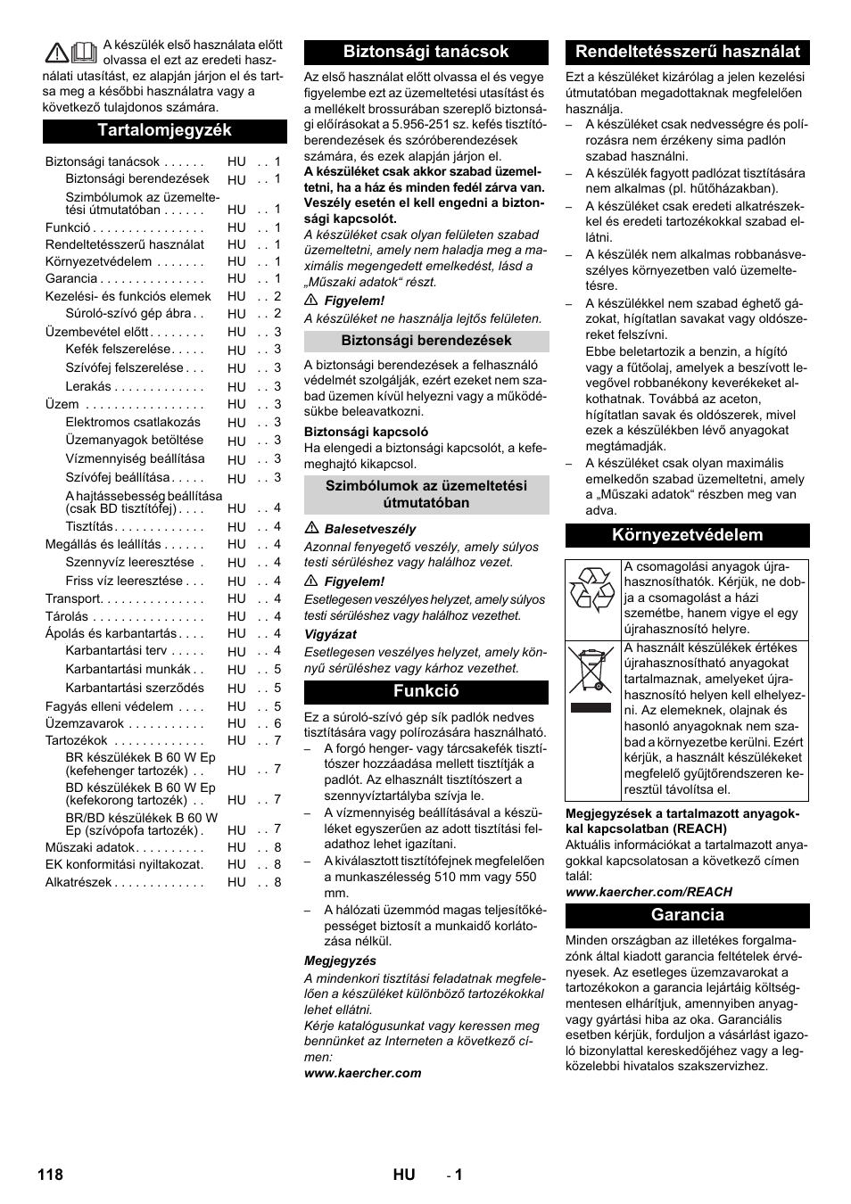 Magyar, Tartalomjegyzék, Biztonsági tanácsok | Garancia | Karcher B 60 W User Manual | Page 118 / 228