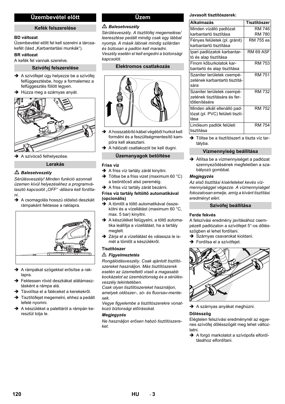 Üzembevétel előtt, Üzem | Karcher B 60 W User Manual | Page 120 / 228