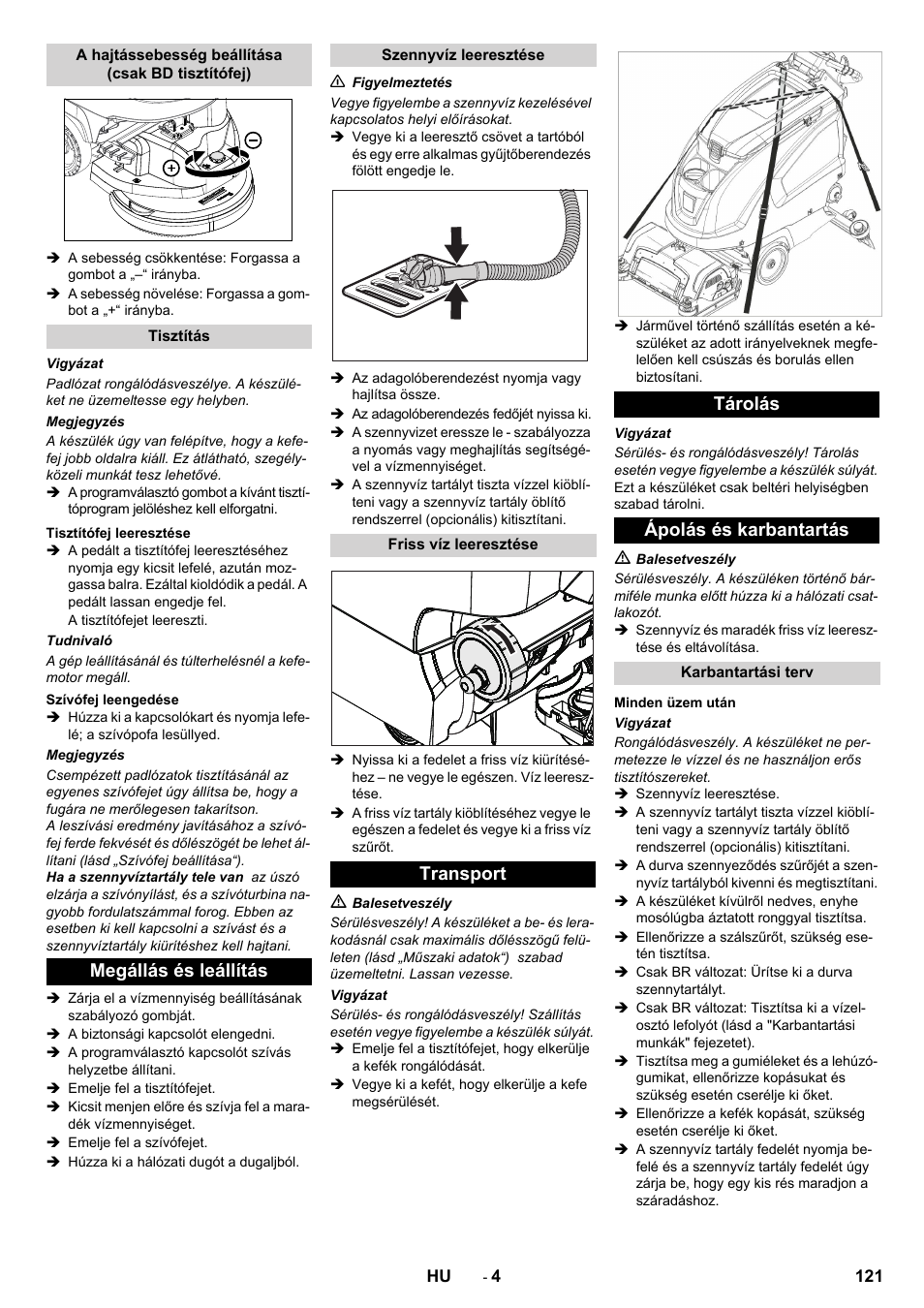 Megállás és leállítás, Transport tárolás ápolás és karbantartás | Karcher B 60 W User Manual | Page 121 / 228