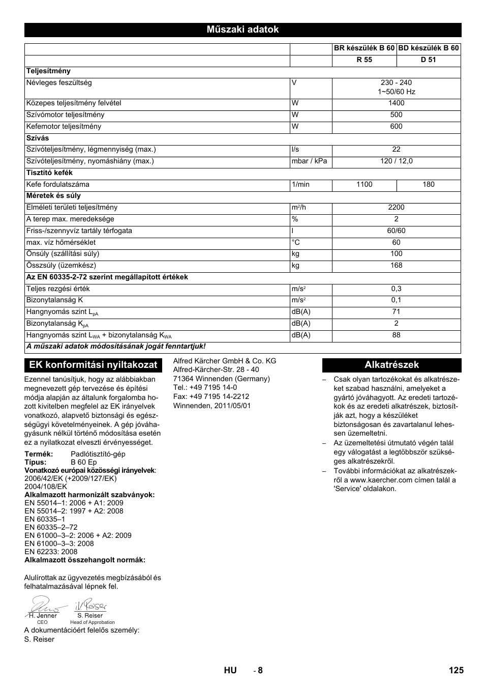 Műszaki adatok, Ek konformitási nyiltakozat, Alkatrészek | Karcher B 60 W User Manual | Page 125 / 228