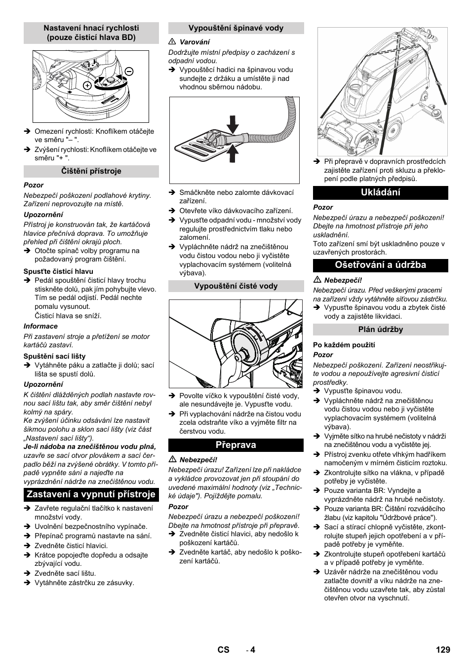 Zastavení a vypnutí přístroje, Přeprava ukládání ošetřování a údržba | Karcher B 60 W User Manual | Page 129 / 228