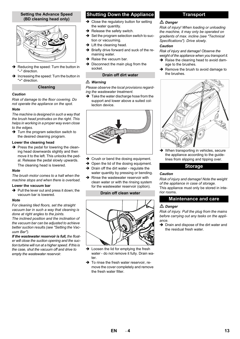 Shutting down the appliance, Transport storage maintenance and care | Karcher B 60 W User Manual | Page 13 / 228