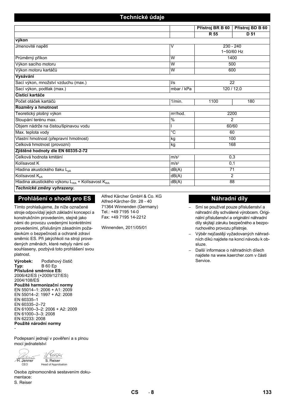 Technické údaje, Prohlášení o shodě pro es, Náhradní díly | Karcher B 60 W User Manual | Page 133 / 228