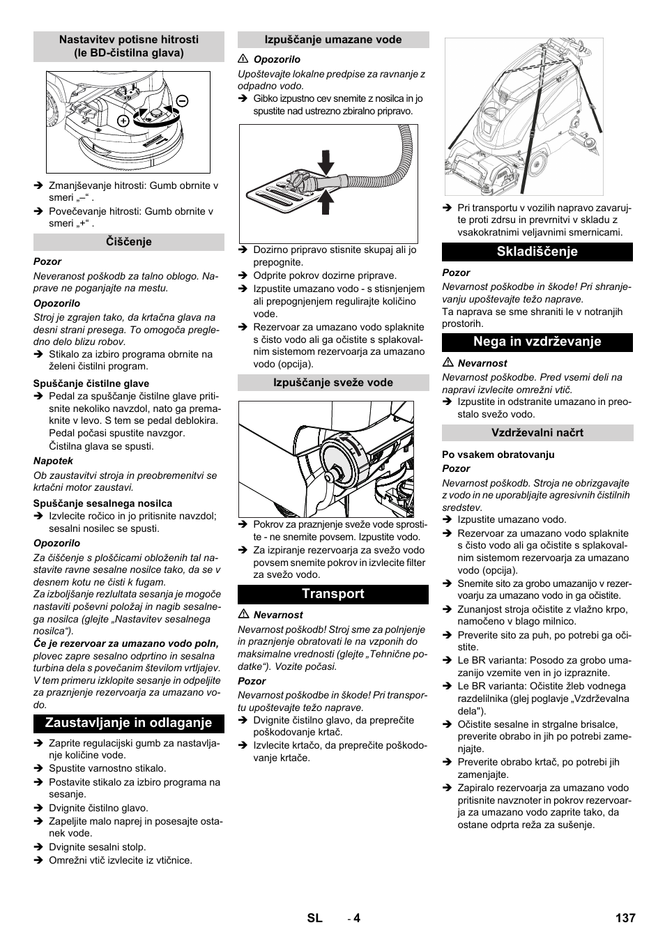 Zaustavljanje in odlaganje, Transport skladiščenje nega in vzdrževanje | Karcher B 60 W User Manual | Page 137 / 228
