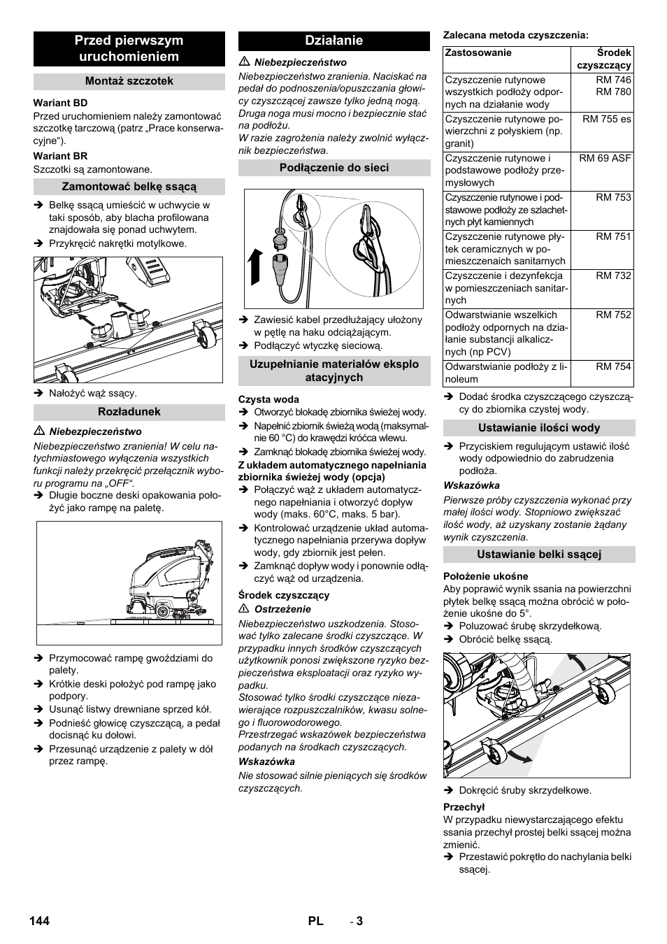 Przed pierwszym uruchomieniem, Działanie | Karcher B 60 W User Manual | Page 144 / 228