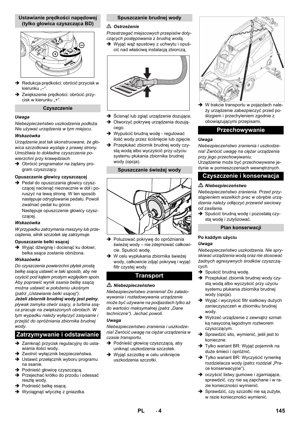 Zatrzymywanie i odstawianie, Transport przechowywanie czyszczenie i konserwacja | Karcher B 60 W User Manual | Page 145 / 228